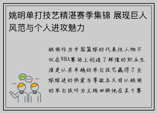 姚明单打技艺精湛赛季集锦 展现巨人风范与个人进攻魅力